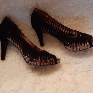 Gold and Black Open Toe Heels